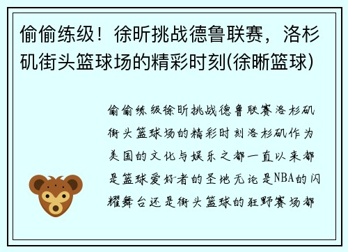 偷偷练级！徐昕挑战德鲁联赛，洛杉矶街头篮球场的精彩时刻(徐晰篮球)