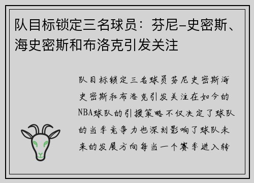 队目标锁定三名球员:芬尼-史密斯、海史密斯和布洛克引发关注