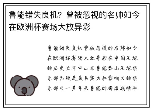 鲁能错失良机？曾被忽视的名帅如今在欧洲杯赛场大放异彩