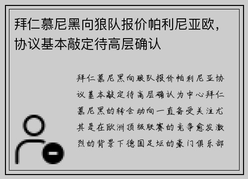 拜仁慕尼黑向狼队报价帕利尼亚欧，协议基本敲定待高层确认