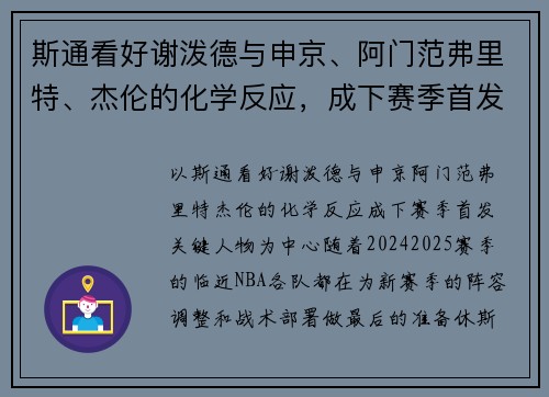 斯通看好谢泼德与申京、阿门范弗里特、杰伦的化学反应，成下赛季首发关键人物
