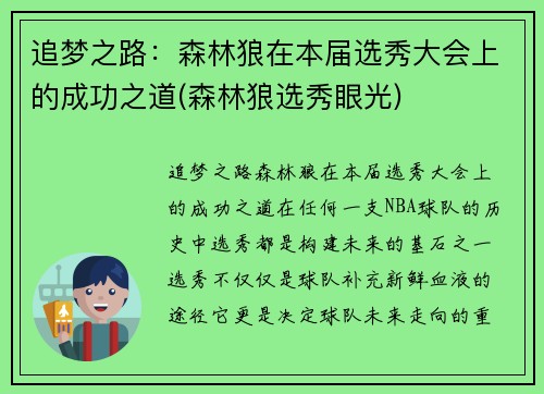 追梦之路：森林狼在本届选秀大会上的成功之道(森林狼选秀眼光)